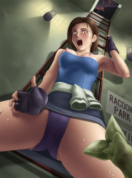 Rule 34 | 1girl, arm up, armpits, artist request, bare arms, bare legs, bare shoulders, black gloves, blush, breasts, breasts out, brown eyes, brown hair, capcom, dutch angle, female focus, fingerless gloves, from below, gloves, highres, indoors, jill valentine, lamp, large breasts, legs, looking at viewer, looking down, nipples, open mouth, panties, pantyshot, pencil skirt, plant, purple panties, resident evil, resident evil 3: nemesis, round teeth, scared, screaming, short hair, skirt, solo focus, stairs, standing, strapless, sweat, teeth, tube top, underwear, upskirt