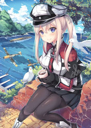 Rule 34 | 10s, 1girl, aircraft, aircraft carrier, airplane, anchor, bf 109, bird, black gloves, black pantyhose, black skirt, capelet, celtic knot, cloud, coffee, coffee mug, cross, cup, day, dock, gloves, graf zeppelin (kancolle), hair between eyes, hat, holding, holding cup, horizon, iron cross, kantai collection, knees together feet apart, light brown hair, long hair, long sleeves, looking at viewer, military, military hat, military uniform, military vehicle, miniskirt, mountain, mug, necktie, ocean, outdoors, own hands together, pantyhose, path, peaked cap, pier, pleated skirt, road, seagull, ship, sidelocks, sitting, skirt, sky, smile, solo, tree, twintails, uniform, vashaps2, warship, watercraft