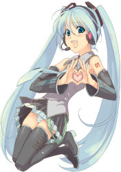 Rule 34 | 1girl, aqua hair, detached sleeves, hatsune miku, heart, heart hands, heart in heart hands, long hair, panties, solo, striped clothes, striped panties, takei ooki, thighhighs, twintails, underwear, very long hair, vocaloid