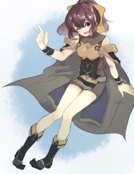 Rule 34 | 1girl, armor, blue background, boots, breastplate, brown eyes, brown hair, cape, chikefu, delthea (fire emblem), dress, fire emblem, fire emblem echoes: shadows of valentia, full body, hair ribbon, highres, index finger raised, looking at viewer, nintendo, one eye closed, open mouth, ribbon, short dress, short hair, simple background, sleeveless, smile, solo, tabard, thighs, wrist cuffs
