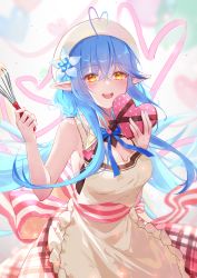 Rule 34 | 1girl, :d, ahoge, alternate costume, apron, beret, blue hair, blush, breasts, cleavage, cleavage cutout, clothing cutout, colored tips, elf, flower, hair between eyes, hair flower, hair ornament, hat, heart, heart ahoge, highres, hololive, large breasts, long hair, looking at viewer, multicolored hair, open mouth, pointy ears, sash, smile, solo, streaked hair, valentine, very long hair, virtual youtuber, white apron, white hat, xiao yung lin, yellow eyes, yukihana lamy