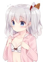 Rule 34 | 10s, 1girl, aged down, alternate costume, blush, bow, bow bra, bra, breasts, cleavage, collarbone, commentary request, flying sweatdrops, hair ribbon, kantai collection, kashima (kancolle), long hair, long sleeves, navel, no headwear, polka dot, polka dot shirt, ribbon, shiny skin, shirt, simple background, small breasts, solo, stomach, tareme, twintails, unbuttoned, unbuttoned shirt, underwear, unmoving pattern, upper body, watanon (gakushokutei), wavy hair, white background, white bra