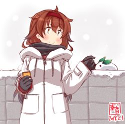 Rule 34 | 1girl, artist logo, black gloves, brown eyes, brown hair, can, canned coffee, coat, dated, drink can, fence, gloves, hairband, highres, kanon (kurogane knights), kantai collection, long hair, red hairband, remodel (kantai collection), shiratsuyu (kancolle), snow, snow rabbit, solo, white background, white coat, winter clothes