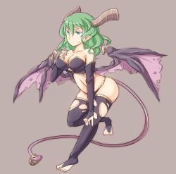 Rule 34 | 1girl, aqua eyes, breasts, cleavage, demon girl, green hair, gunjima souichirou, horns, large breasts, pointy ears, simple background, solo, tail, torn clothes, wings