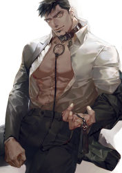 Rule 34 | 1boy, abs, absurdres, bara, black hair, collar, highres, jacket, large pectorals, leash, looking at viewer, male focus, mature male, muscular, muscular male, nipples, open clothes, open shirt, original, pants, pectorals, short hair, solo, ueno kishi