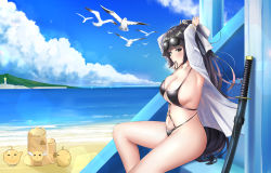 Rule 34 | 1girl, absurdres, adjusting hair, alternate costume, arms behind head, azur lane, bad id, bad pixiv id, bikini, bird, black bikini, black hair, bow, breasts, eyewear on head, hair bow, hair tie in mouth, highres, large breasts, lemontea (ekvr5838), long hair, looking at viewer, looking to the side, manjuu (azur lane), mouth hold, multi-strapped bikini, open clothes, ponytail, sand castle, sand sculpture, sheath, sheathed, shirt, sitting, solo, sunglasses, swimsuit, takao (azur lane), tying hair, very long hair, water, white bird, white bow, white shirt, yellow eyes