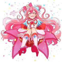 Rule 34 | 1girl, back bow, bow, brooch, closed eyes, cone hair bun, cure precious, delicious party precure, earrings, hair bun, happy birthday, heart, heart brooch, highres, jewelry, long hair, magical girl, nagomi yui, pink hair, precure, red bow, smile, solo, two side up, very long hair, white footwear, yufu kyouko