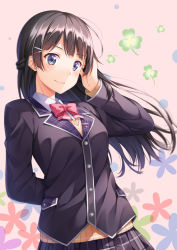 Rule 34 | 1girl, arm behind back, arm up, black hair, black jacket, black skirt, blazer, blunt bangs, blush, bow, bowtie, braid, buttons, closed mouth, clover, collared shirt, floating hair, floral background, french braid, hair ornament, hairclip, hand in own hair, highres, jacket, long hair, long sleeves, looking at viewer, nijisanji, pink background, pink bow, pink bowtie, plaid, plaid skirt, pleated skirt, pocket, school uniform, shirt, skirt, smile, solo, standing, tareme, tsukino mito, tsukino mito (1st costume), upper body, virtual youtuber, wing collar, yuuri nayuta