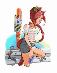 Rule 34 | 1girl, against railing, alternate costume, animal ears, appleq, blush, bracelet, brown hair, can, casual, commentary request, cowboy shot, cropped legs, flower, from side, graffiti, hair flower, hair ornament, hair over one eye, hairband, highres, holding, holding can, horse ears, horse girl, horse tail, jewelry, long hair, looking at viewer, off-shoulder shirt, off shoulder, pink eyes, pocari sweat, polka dot hairband, ponytail, railing, road sign, sakura bakushin o (umamusume), see-through, see-through shirt, shirt, shirt tan, short sleeves, shorts, shorts tan, sign, solo, standing, standing on one leg, striped tank top, sunflower, sunflower hair ornament, swept bangs, tail, tan, tank top, tanline, tape, translation request, umamusume, water, white background