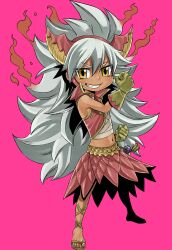 Rule 34 | 1girl, bandaged chest, brown eyes, brown gloves, clenched hands, collared vest, dark-skinned female, dark skin, drana (gate of nightmares), full body, gate of nightmares, gloves, grey hair, grin, highres, long hair, looking at viewer, mashima hiro, midriff, navel, official art, pink skirt, pink vest, sandals, simple background, skirt, sleeveless, smile, solo, teeth, transparent background, vest