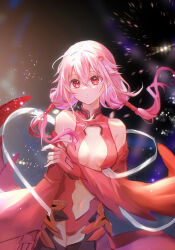Rule 34 | 1girl, :o, absurdres, bare shoulders, black thighhighs, blush, breasts, center opening, cleavage, detached sleeves, elbow gloves, fingerless gloves, floating, floating hair, floating object, gloves, guilty crown, hair ornament, hairclip, hand on own arm, highres, lights, long hair, looking at viewer, medium breasts, navel, negai (48282230), open mouth, pink hair, red eyes, ribbon, smile, solo, thighhighs, twintails, white ribbon, yuzuriha inori