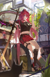 Rule 34 | 1girl, absurdly long hair, absurdres, arknights, arm rest, belt, belt buckle, black cat, black choker, black footwear, black gloves, black shirt, blurry, blurry foreground, buckle, building, cat, chain, choker, commentary request, cross, cross necklace, demon horns, eye black, fingerless gloves, fingernails, food, food in mouth, full body, gloves, grey belt, grey socks, hair over shoulder, hand up, highres, horns, industrial pipe, jewelry, kneehighs, latin cross, long hair, looking at viewer, midriff, mouth hold, moyuc, nail polish, navel, necklace, official alternate costume, partial commentary, plant, ponytail, popsicle, purple eyes, red hair, red nails, red skirt, salute, shirt, shoes, short sleeves, single glove, sitting, skirt, slit pupils, socks, solo, spray can, surtr (arknights), surtr (liberte echec) (arknights), sword, truss, two-finger salute, very long hair, weapon