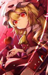 Rule 34 | 1girl, absurdres, ambiguous red liquid, apple, ascot, blonde hair, blurry, blurry background, bow, breasts, buttons, chromatic aberration, closed mouth, collared shirt, dot mouth, dutch angle, eyebrows hidden by hair, eyes visible through hair, fingernails, flandre scarlet, floating, floating object, food, frilled sleeves, frills, fruit, hair between eyes, hand up, hat, hat bow, hat ribbon, highres, light particles, long fingernails, long hair, looking at viewer, mob cap, nail polish, one side up, onigumo zx, outstretched hand, puffy short sleeves, puffy sleeves, rainbow gradient, red apple, red background, red bow, red eyes, red nails, red ribbon, red skirt, red theme, red vest, ribbon, ribbon-trimmed headwear, ribbon trim, sharp fingernails, shirt, short sleeves, sidelocks, skirt, skirt set, small breasts, solo, sparkle, touhou, vest, white hat, white shirt, wide-eyed, wing collar, wings, yellow ascot