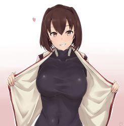 Rule 34 | 10s, 1girl, absurdres, bodysuit, breasts, brown eyes, brown hair, gradient background, hair between eyes, heart, highres, ise (kancolle), japanese clothes, kantai collection, large breasts, maruyaa (malya1006), nontraditional miko, open clothes, ponytail, short hair, smile, solo