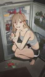 Rule 34 | 1girl, absurdres, bare shoulders, black shorts, breasts, bright pupils, burger, chainsaw man, cleavage, collarbone, crop top, cross-shaped pupils, fangs, food, food on face, grey shirt, groin, gym shorts, hair between eyes, highres, holding, holding food, horns, jar, kneeling, lettuce, light brown hair, long hair, looking at viewer, medium breasts, modare, open mouth, plastic bottle, power (chainsaw man), red eyes, red horns, refrigerator, sharp teeth, shirt, short eyebrows, short shorts, shorts, single vertical stripe, sleeveless, sleeveless shirt, smile, solo, straight hair, symbol-shaped pupils, teeth, tiptoes, tomato, tomato slice, tsurime, white pupils