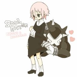 Rule 34 | 00s, androgynous, black dress, black skin, clothes lift, colored skin, crona (soul eater), cuff links, dress, dress lift, frown, gauntlets, gender request, gloves, grey eyes, hair between eyes, heart, high collar, monster, muscular, pink hair, ragnarok (demon sword), shoes, short hair, soul eater, spikes, striped clothes, striped gloves, x x, yukke