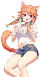 Rule 34 | 1girl, animal ear fluff, animal ears, artist name, bikini, bikini top only, bikini under clothes, blush, braid, breasts, cat ears, cat tail, choker, cleavage, collarbone, earrings, extra ears, feather earrings, feathers, gradient hair, green choker, green hair, hairband, halterneck, highres, hololive, hololive english, jewelry, large breasts, looking at viewer, multicolored hair, nail polish, navel, official alternate costume, open fly, orange hair, purple eyes, rosuuri, short shorts, short sleeves, shorts, simple background, smile, solo, swimsuit, tail, takanashi kiara, thigh gap, twin braids, virtual youtuber, white hairband, wrist cuffs
