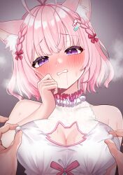 Rule 34 | 1girl, absurdres, animal ear fluff, animal ears, antenna hair, bare shoulders, blush, braid, breasts, choker, cleavage, cleavage cutout, clothing cutout, commentary request, covered erect nipples, drooling, frilled choker, frills, gradient background, grey background, hair ornament, hair ribbon, hakui koyori, hakui koyori (summer), heavy breathing, highres, hololive, kokemomo (makesound), large breasts, looking at viewer, medium hair, nipple stimulation, nipple tweak, pink choker, pink hair, pink ribbon, purple eyes, ribbon, solo focus, sweat, teeth, two-tone choker, upper body, virtual youtuber, white choker, wolf ears, wolf girl