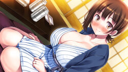 Rule 34 | 1girl, beer can, blush, breasts, brown hair, can, chopsticks, cleavage, closed mouth, drink can, eyebrows hidden by hair, female focus, happy, head tilt, highres, indoors, japanese clothes, jewelry, kimono, large breasts, legs, looking at viewer, medium hair, ore ga hitozuma to yatta hanashi - oretsuma -, original, ring, shise (agepan), short ponytail, sitting, smile, solo, standing, table, thighs, wedding band, yellow eyes