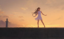 Rule 34 | 1girl, barefoot, brown hair, closed eyes, cloud, commentary request, dress, dusk, grin, highres, lighthouse, long hair, original, outdoors, rias-coast, scenery, sky, smile, solo, sunset, twilight, white dress, wide shot, yellow sky