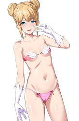 Rule 34 | 1girl, bare shoulders, bikini, blonde hair, blue eyes, bow, bow panties, breasts, collarbone, commentary request, dead or alive, double bun, eyes visible through hair, gloves, gluteal fold, hadacra, hair bun, highres, looking at viewer, marie rose, navel, open mouth, panties, pink bikini, short hair, simple background, small breasts, smile, solo, standing, swimsuit, thighs, underwear, v, white background, white gloves