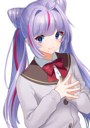 Rule 34 | 1girl, ahoge, akagi kurage, blue eyes, bow, braid, cardigan, closed mouth, collared shirt, copyright request, dress shirt, grey cardigan, hair intakes, highres, long hair, long sleeves, multicolored hair, pink hair, purple hair, red bow, shirt, sidelocks, simple background, sleeves past wrists, smile, solo, steepled fingers, streaked hair, twintails, upper body, very long hair, white background, white shirt