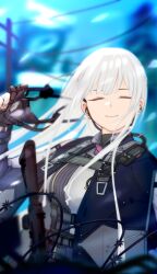 Rule 34 | 1girl, ak-12, ak-12 (girls&#039; frontline), assault rifle, black gloves, blurry, blurry background, closed eyes, commentary, earphones, english commentary, girls&#039; frontline, gloves, gun, highres, holding, holding gun, holding weapon, jacket, kalashnikov rifle, long hair, outdoors, partially fingerless gloves, removing mask, rifle, samsam s2s, smile, solo, tactical clothes, upper body, weapon, white hair