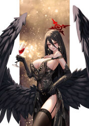 Rule 34 | 1girl, absurdres, alcohol, angel wings, black hair, black thighhighs, black wings, blue archive, breasts, cleavage, covered erect nipples, cup, dress, drinking glass, earrings, feathered wings, halo, hasumi (blue archive), highres, honey brush, huge breasts, jewelry, large breasts, large wings, long hair, low wings, mole, mole under eye, off shoulder, red halo, simple background, thighhighs, wine, wine glass, wings