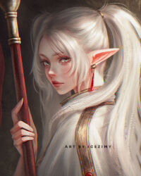 Rule 34 | 1girl, artist name, brown background, capelet, closed mouth, commentary, earrings, elf, english commentary, frieren, gold trim, green eyes, hand up, highres, holding, holding wand, icezimy, jewelry, lips, long hair, looking at viewer, nose, pointy ears, realistic, sidelocks, simple background, solo, sousou no frieren, twintails, upper body, wand, white capelet, white hair