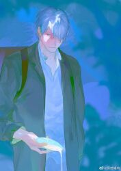 Rule 34 | 1boy, alcohol, backpack, bag, black jacket, blue background, blue eyes, brown bag, closed mouth, coattails, collared jacket, cup, expressionless, ginko, hair over one eye, highres, holding, holding cup, jacket, looking at object, male focus, ming07312438, mushishi, open clothes, open jacket, pouring, sakazuki, sake, shirt, short hair, simple background, solo, upper body, watermark, weibo logo, weibo username, white hair, white shirt