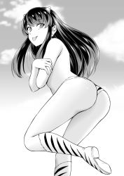 Rule 34 | 1girl, :p, animal print, ass, bikini, bikini bottom only, boots, commentary, covering privates, covering breasts, greyscale, highres, horns, knee boots, long hair, looking at viewer, lum, monochrome, noise (tsuzuki), pointy ears, print bikini, print footwear, smile, solo, swimsuit, tiger print, tongue, tongue out, topless, urusei yatsura
