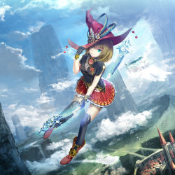 Rule 34 | 1girl, boots, bridge, castle, cloud, fantasy, flying, gloves, hat, highres, kouji (astral reverie), looking at viewer, miniskirt, moat, monolith (object), original, outdoors, over-kneehighs, pleated skirt, red skirt, river, skirt, sky, solo, thighhighs, wings, wink, witch hat