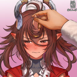 Rule 34 | 1girl, azur lane, blush, brown hair, closed mouth, commander (azur lane), commentary request, dated, embarrassed, fingernails, gradient background, hair ornament, ikeda (cpt), japanese clothes, looking down, mogami (azur lane), pink background, pointy ears, pov, pov hands, red eyes, short hair, solo focus, sweatdrop, turtleneck, twitter username, upper body