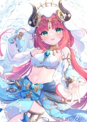 Rule 34 | 1girl, :d, arm up, blue bow, blue gemstone, blue skirt, blush, bow, breasts, brooch, circlet, cowboy shot, crop top, dancer, gem, genshin impact, gold trim, green eyes, harem outfit, highres, horns, jewelry, long hair, long sleeves, looking at viewer, low twintails, medium breasts, mikaze oto, navel, neck ring, nilou (genshin impact), open mouth, outstretched hand, parted bangs, puffy long sleeves, puffy sleeves, red hair, sidelocks, simple background, skirt, smile, solo, stomach, thighlet, thighs, twintails, veil, water, white background, white headwear, white sleeves