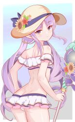 Rule 34 | 1girl, absurdres, ass, bare shoulders, bikini, bikini skirt, border, butt crack, elf, flower, frilled bikini, frills, from behind, frown, hat, hat flower, highres, holding, holding staff, kyoka (summer) (princess connect!), kyoka (princess connect!), looking at viewer, looking back, low twintails, parted bangs, pointy ears, princess connect!, purple eyes, purple hair, sidelocks, staff, straw hat, sunflower, swimsuit, twintails, white bikini, white border, winterline