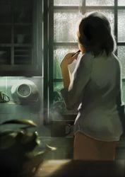 Rule 34 | 10s, 1girl, alternate costume, bad id, bad pixiv id, biwaman, black hair, blurry, cup, cupboard, depth of field, eating, from behind, highres, indoors, kantai collection, kiso (kancolle), kitchen, light, light particles, long sleeves, mug, no pants, plate, rain, shirt, short hair, solo, steam, thighs, white shirt, window
