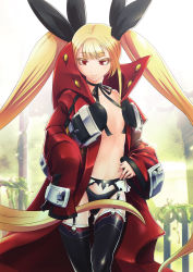Rule 34 | 1girl, absurdres, artist request, black panties, blazblue, blonde hair, coat, colored eyelashes, cosplay, eyelashes, flat chest, gluteal fold, hair ribbon, highres, jacket, long hair, no bra, non-web source, official art, open clothes, oversized clothes, panties, rachel alucard, ragna the bloodedge, ragna the bloodedge (cosplay), red eyes, ribbon, sleeves past wrists, solo, thighhighs, twintails, underwear, very long hair