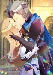 Rule 34 | 1boy, 1girl, alphen (tales), armor, black gloves, blue cape, blurry, blurry background, breastplate, cape, closed eyes, closed mouth, commentary request, commission, depth of field, forehead, gauntlets, gloves, grey hair, hetero, kisara (tales), kiss, kou hiyoyo, leaning back, light brown hair, long hair, parted bangs, pauldrons, profile, shoulder armor, skeb commission, tales of (series), tales of arise, very long hair