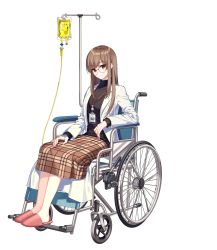 Rule 34 | 1girl, absurdres, alpha transparency, brown hair, closed mouth, counter:side, glasses, hand on own thigh, highres, lab coat, lanyard, long hair, looking at viewer, official art, olivie park, sitting, skirt, slippers, smile, solo, tachi-e, transparent background, wheelchair