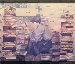 Rule 34 | 1boy, bad id, bad pixiv id, blue hair, book, book stack, english text, japanese clothes, kaito (vocaloid), letterboxed, male focus, open book, reading, scroll, short hair, sitting, socks, solo, tonoshiro, vocaloid