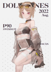 Rule 34 | 1girl, 2022, absurdres, aviator sunglasses, bare shoulders, black choker, black footwear, black gloves, blonde hair, boots, breasts, character name, choker, closed mouth, collarbone, commission, covered navel, dated, double bun, english text, eyewear on head, fingerless gloves, girls&#039; frontline, gloves, hair bun, heel up, highres, looking at viewer, medium breasts, midriff, p90 (girls&#039; frontline), pixiv commission, red eyes, removing shoes, see-through, see-through footwear, see-through sleeves, short hair, sideboob, sin9, solo, standing, standing on one leg, sunglasses, swimsuit, thigh strap, wide sleeves