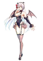 Rule 34 | 1girl, absurdres, alternate costume, bare shoulders, bat wings, black hairband, blue eyes, blush, bow, breasts, covered navel, earrings, hair bow, hairband, highres, jewelry, keigen hichou, large breasts, long hair, official art, open mouth, red bow, riselia ray crystalia, seiken gakuin no maken tsukai, thighhighs, white hair, winged hairband, wings