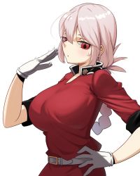 Rule 34 | 1girl, belt, blush, braid, braided ponytail, breasts, commentary request, fate/grand order, fate (series), florence nightingale (fate), gloves, hand on own hip, highres, large breasts, long hair, military, military uniform, open mouth, pink hair, red eyes, solo, uniform, white background, white gloves, xkxh1674