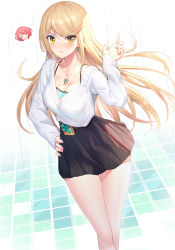 Rule 34 | 1girl, 2girls, black skirt, blonde hair, blush, breasts, casual, chest jewel, chibi, cleavage, collarbone, dual persona, earrings, fingernails, frown, hand on own hip, hand up, highres, jewelry, large breasts, long hair, long sleeves, looking at viewer, miniskirt, multiple girls, mythra (xenoblade), nail polish, nintendo, pyra (xenoblade), ririko (zhuoyandesailaer), shirt, shirt tucked in, skirt, swept bangs, thighs, tile floor, tiles, very long hair, white background, white shirt, xenoblade chronicles (series), xenoblade chronicles 2, yellow eyes