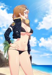 Rule 34 | 1girl, :d, beach, bikini, bikini under clothes, black bikini, black jacket, blue sky, blurry, blurry background, blush, breasts, brown hair, cleavage, cloud, cloudy sky, collarbone, contrapposto, cropped jacket, day, depth of field, eyewear on head, fur collar, girls&#039; frontline, grizzly mkv (girls&#039; frontline), groin, gun, hand on own hip, highres, holding, holding gun, holding weapon, horizon, jacket, l.a.r. manufacturing, lar grizzly win mag, lens flare, light rays, long sleeves, looking away, medium breasts, narynn, navel, ocean, open clothes, open jacket, open mouth, outdoors, palm tree, profile, purple eyes, short hair, sidelocks, sky, sleeves past wrists, smile, solo, standing, stomach, sunbeam, sunglasses, sunglasses on head, sunlight, swimsuit, teeth, tree, twitter username, upper teeth only, water, weapon