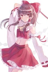 Rule 34 | 1girl, :|, ascot, bare shoulders, blush, bow, brown hair, closed mouth, collar, commentary, detached sleeves, frilled bow, frilled collar, frilled skirt, frills, hair between eyes, hair bow, hair tubes, hakurei reimu, highres, holding, looking at viewer, medium hair, midriff, miyakure, navel, red bow, red eyes, red skirt, red vest, ribbon-trimmed sleeves, ribbon trim, skirt, skirt set, solo, touhou, vest, yellow ascot