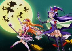 Rule 34 | 2020, 6+girls, :d, anklet, black headwear, blonde hair, boots, bow, bowtie, bracelet, broom, broom riding, cure magical, cure miracle, dated, dress, elbow gloves, floating hair, full moon, gloves, ha-chan (mahou girls precure!), hair bow, hat, high ponytail, jewelry, knee boots, kneehighs, layered skirt, long hair, mahou girls precure!, mini hat, miniskirt, mofurun (mahou girls precure!), moon, multiple girls, ojamajo doremi, open mouth, pink skirt, precure, purple dress, purple footwear, purple gloves, purple hair, red bow, red bowtie, red eyes, short sleeves, signature, skirt, sleeveless, sleeveless dress, smile, socks, stuffed animal, stuffed toy, teddy bear, tomo5656ky, very long hair, white gloves, white legwear, witch hat
