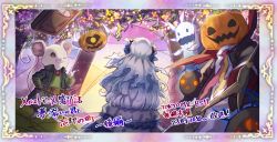 Rule 34 | 1girl, :3, baggy pants, black cape, black eyes, blue hair, book, border, brooch, cape, citrouille, collared cape, dress, eleanor (merc storia), episode number, episode title, facing away, framed, frilled dress, frills, from behind, furry, furry female, ghost, glowing, glowing eyes, glowing mouth, green shirt, green vest, grin, jewelry, leaf, light blue hair, long hair, long sleeves, looking at viewer, merc storia, mito itsuki, mouse (animal), necktie, no sclera, pants, pumpkin, red neckwear, shirt, smile, squeak (merc storia), thumbs up, translation request, vest, white headwear, window
