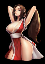 Rule 34 | 1girl, absurdres, adjusting hair, armpits, arms behind head, arms up, bare arms, black background, breasts, brown eyes, brown hair, cleavage, cropped legs, fatal fury, hair tie, hair tie in mouth, highres, japanese clothes, jungon kim, kimono, large breasts, long hair, looking at viewer, mouth hold, nail polish, ninja, obi, parted bangs, pelvic curtain, red kimono, red nails, revealing clothes, rope, sash, shiranui mai, simple background, solo, the king of fighters, thighs, very long hair, wide hips