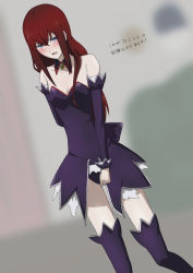 Rule 34 | 1girl, absurdres, blue eyes, blurry, blurry background, blush, boots, breasts, cleavage, collarbone, detached collar, detached sleeves, embarrassed, hair between eyes, highres, leotard, long hair, long sleeves, looking at viewer, makise kurisu, open mouth, purple footwear, purple leotard, purple sleeves, red hair, small breasts, solo, standing, steins;gate, straight hair, strapless, strapless leotard, tayutau0a0, thigh boots, thighhighs, very long hair